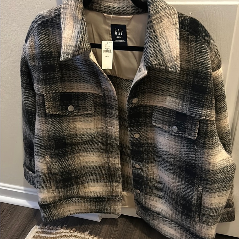 GAP Women's Black and Gray Plaid Jacket Petite L